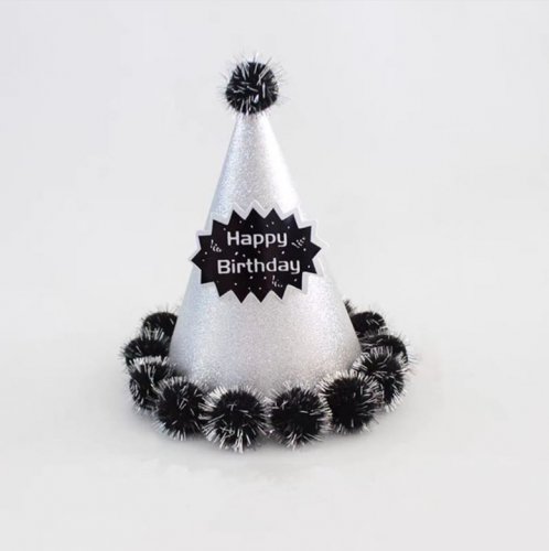 Silver Glitter Pop-Up Happy Birthday PomPom Party Hat