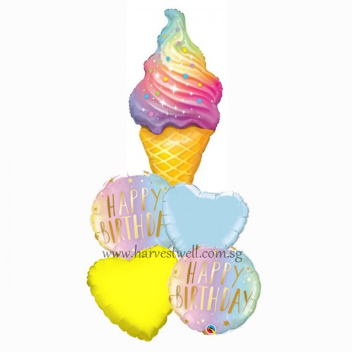 Pastel Rainbow Swirl Ice Cream Cone Balloon Bouquet