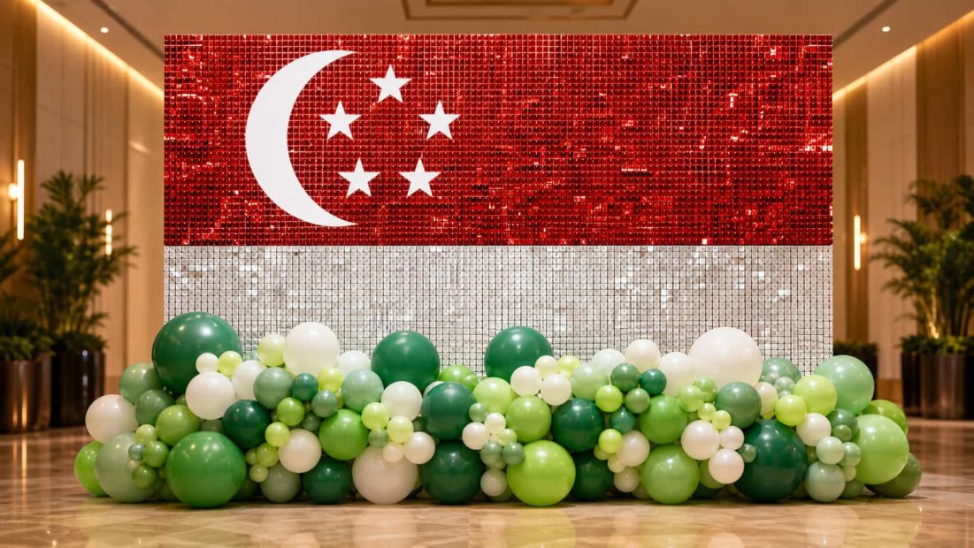 NDP Singapore Flag Shimmery Wall with Balloon Garland Singapore