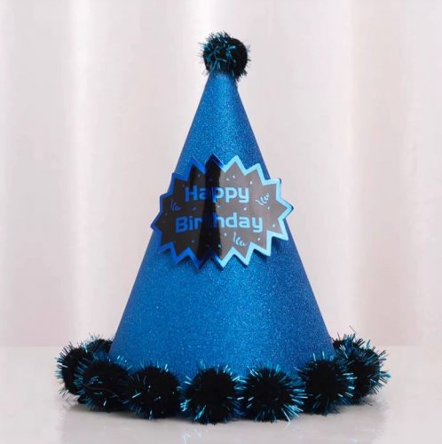 Blue Glitter Pop-Up Happy Birthday PomPom Party Hat