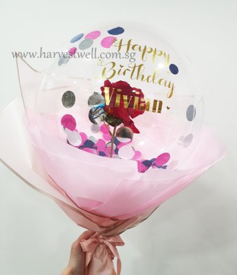 Happy Birthday Personalized Red Rose Balloon Handheld Bouquet Singapore
