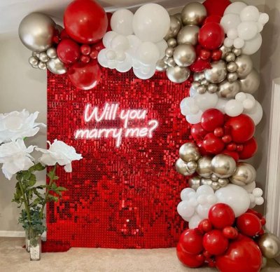 Red Shimmery Wall with Balloon Garland Singapore