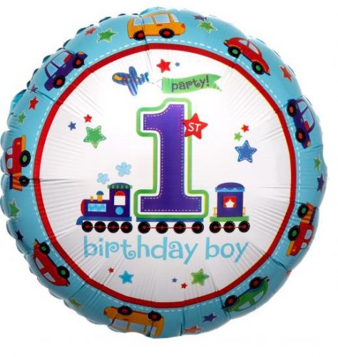 1st Birthday Boy Train and cars Mylar Balloon