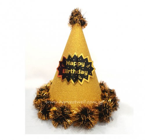 Gold Glitter Pop-Up Happy Birthday PomPom Party Hat