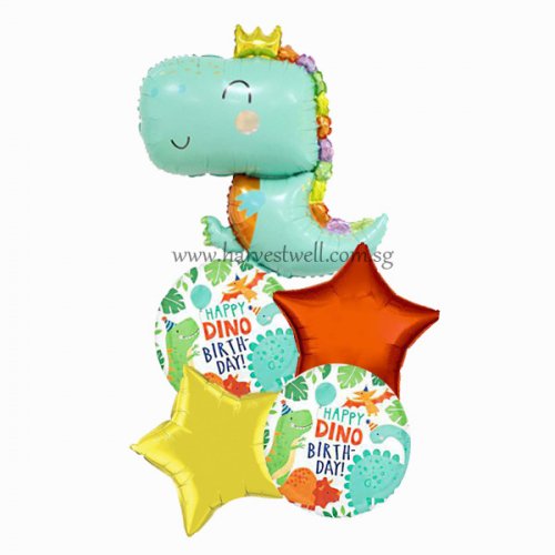 Cute Baby Dinosaur with Crown Birthday Balloon Bouquet