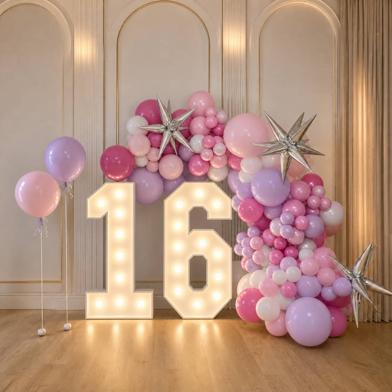 Sweet 16 Birthday Balloon Garland with Marquee Number Lights Singapore