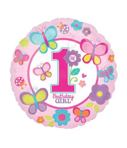 1st Birthday Girl Butterflies & Flowers Mylar Balloon